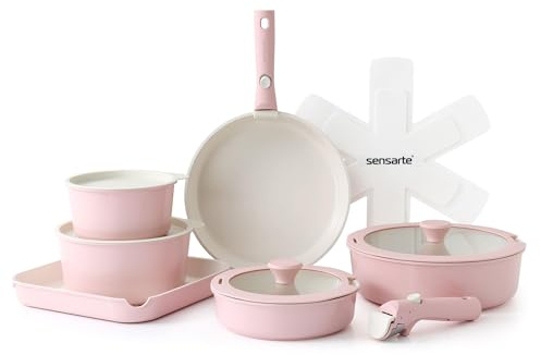 SENSARTE Set de Casseroles et Poêles 17 Pièces - Revêtement Céramique Antiadhésif Sans PFAS - Batterie de Cuisine pour Induction/Gaz, Poignées Amovibles, Empilable et Lavable Lave-Vaisselle