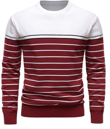 LUVCES Men's Striped Long Sleeve Colour Block Crew Neck Knitted Jumper Casual Sweater Autumn Winter Everyday Wear Tops, A: white and wine red, XXL