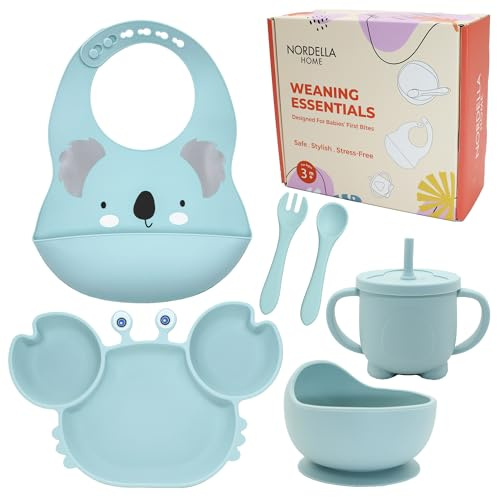 Nordella Home Baby Weaning Set 6-Piece | BPA-Free Food-Grade Silicone | Suction Plate & Bowl + Sippy Cup + Bib + Fork & Spoon | Self-Feeding Kit for 6-24 Months | Dishwasher & Microwave Safe