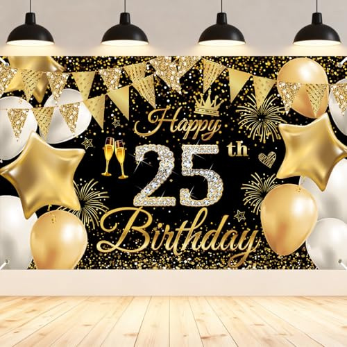25. Geburtstag Deko Banner für Männer und Frauen, Schwarz Gold Happy Birthday Banner Groß, 25 Geburtstag Hintergrund, 25 Geburtstagsfeier Dekorationen, Extra Große Stoff Schild Poster 180 * 110cm