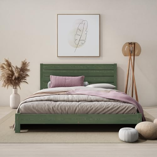 Nodax Super King Bed Frame – F15 Solid Pine Japanese-Inspired Low Wooden Bed Frame, Eco Colour Woodstain Option, Slatted Base with Extra Four Supportive Legs, Bedroom Furniture | 6ft (Midnight Green)