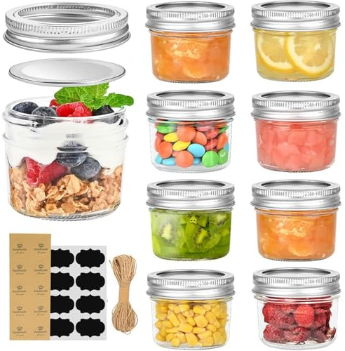 warmhut 8 Stück Mason Jar mit Deckel, 125ml Marmeladenglas mit Aufkleber, Wiederverwendbare einmachglas, Kleine Marmeladengläser für Gewürze, Gelee, Joghurt, Marmelade, Meal Prep