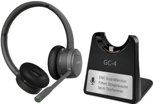 GEQUDIO DECT & Bluetooth Headset für FritzBox, GC-4, 2-Ohr ANC Ladeschale | Aktives ANC & ENC · inkl. Ladeschale · 2-Ohr Stereo · Anrufsteuerung am FritzFon · DECT & Bluetooth · PC & Smartphone