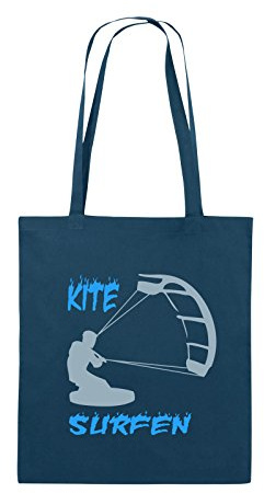 Comedy Bags - Kite Surfen - Motiv 3 - Jutebeutel - Lange Henkel - 38x42cm - Farbe: Navy/Eisblau-Hellblau