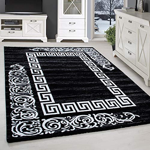 SIMPEX Kurzflor Teppich, Mäander-Design, Teppich Schwarz, 200 x 290 cm, Teppich modernen Stil, Teppich Wohnzimmer