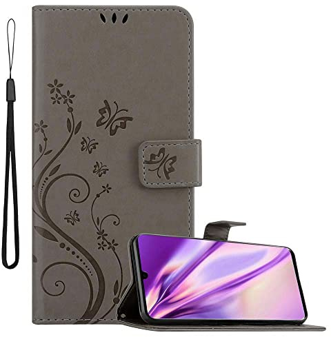 Cadorabo Hülle kompatibel mit Huawei P30 Blumen Design aus Premium Kunst Leder Flip Klappbare Stoßfeste Magnetische [Standfunktion] [Kartenfächern] Cover Hülle für Huawei P30 Tasche in Grau