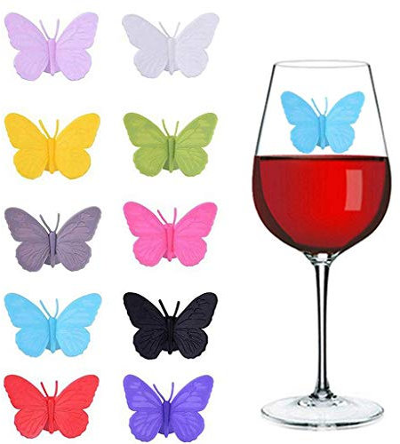 Ouceanwin 10pcs Glasmarker Silikon Glas Markierung Wiederverwendbare Schmetterlings Weinglasmarkierer Glasmarkierer Weinglas Marker mit Saugnapf für Bar Party Tischdekorationen, 10 Farben