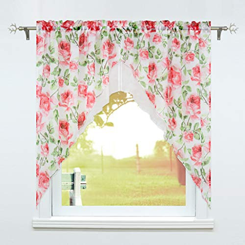 SCHOAL Scheibengardine mit Tunnelzug 2 Stück Kleinfenster Gardinen Küche Set Bistrogardinen Voile Stores Fenstergardine Blumen Muster BxH 120x125cm