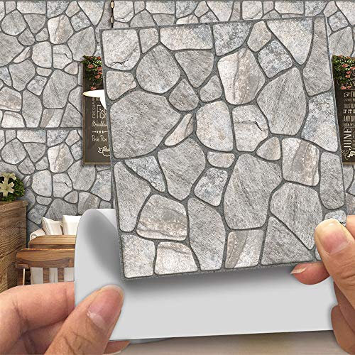 Hiser 20 Pezzi Stile Pietra 3D in Finta Pelle Pellicole Adesive per Mobili e Pareti, Rotoli Carta Adesiva Altissima Risoluzione con Varie Misure, Wrapping Piastrelle Cucine (Pietra Grigia,10cm)