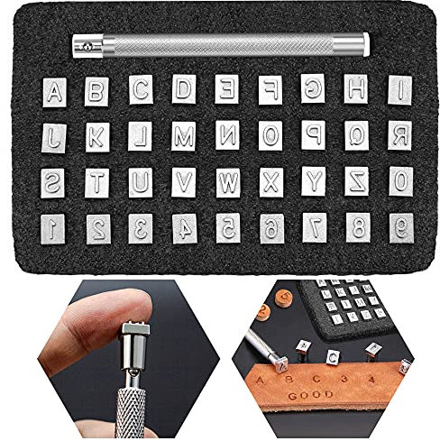 DURANTEY 37 Stück Leder Stempel Prägestempel Metall Lederstempel Buchstaben Punzierstempel Stahl Leder Prägen Stempel Set von A bis Z Alphabet und 0-9 Zahlen 6.5mm für DIY Muster Handmade Werkzeug