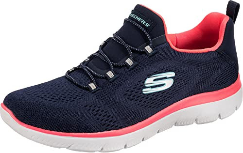Skechers Femme Summits Perfect Views Basket, Bordure en Maille Bleu Marine Rose Fluo, 38 EU