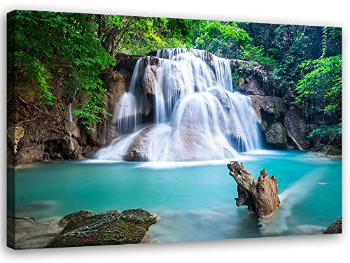 Feeby Vlies Leinwandbild Bäume Wasserfall Kaskade 90x60 cm Wand Bild Kunstdruck Deko Wohnzimmer Wohnungs Deko Boulders Naturteich Blau