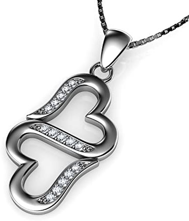 DEPHINI Zwei Herzkette | 925 Sterling Silber Herzkette | Zirkonia | Damenschmuck | Geschenke für Frauen