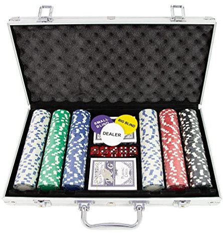 Global Gizmos 50539 300 Piece Poker Set/Contains Chips, Dice and Cards/Portable Casino Style Carry Case/Game Night/Texas Hold’Em, Blackjack and More, Silver