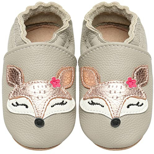 IceUnicorn Krabbelschuhe Baby Lauflernschuhe Jungen Mädchen Weicher Leder Babyhausschuhe Kleinkind Rutschfeste Lederschuhe Baby(Hellgrauer Fuchs, 2-3 Jahre)