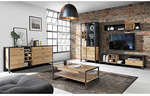 expendio Wohnzimmer Hector 31 Schwarz Riviera Eiche 5-teilig Wohnwand TV-Wand Vitrine Highboard Lowboard Wandregal Couchtisch, Beleuchtung:ohne Beleuchtung