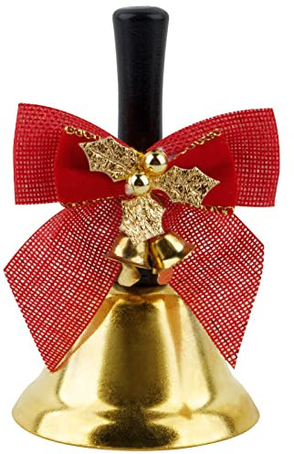 Weihnachtsglocke mit Schleife Glocke Handglocke Weihnachten Handklingel Nikolausglocke Tischklingel Weihnachtsdeko 12cm groß Holzgriff (Gold)