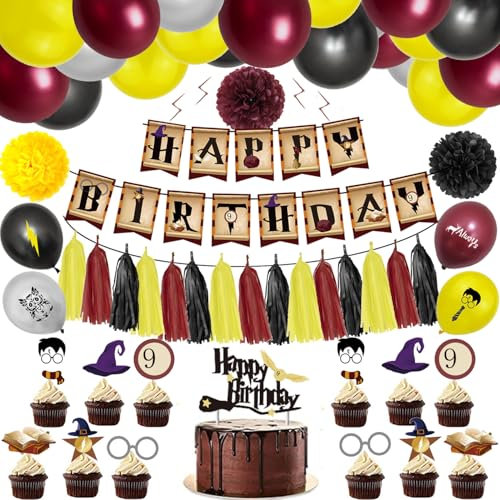 Magic Wizard Kit de guirlande de ballons d'école, 105 pièces, bourgogne, noir et doré, bannière d'anniversaire pour enfants, fête prénatale, garçons et filles, décoration de fête à thème scolaire