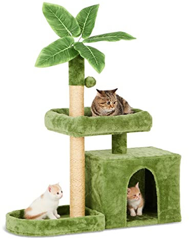 TSCOMON 31.5 Cat Tree Tower for Indoor Cats with Green Leaves, Cat Condo Cozy Plush with Hang Ball and Leaf Shape Design, Cat Furniture Pet House with Scratching Posts, Green