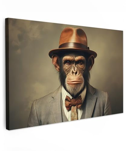 MuchoWow© Leinwände 90x60 cm Wall Decoration Bilder Schlafzimmer Deko Pictures Canvas Painting Wanddekoration Wohnzimmer Vintage - Affe - Hut - Anzug - Grau - Tiere - Schimpanse