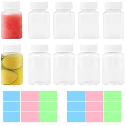 Rebanky 10 Pcs Botellas de plástico para jugo con tapas Botellas Pequeñas Reutilizables de Plastico Botella de Transparente con Tapón de Rosca Botellas de Bebida de Batido Vacías para bebidas y agua