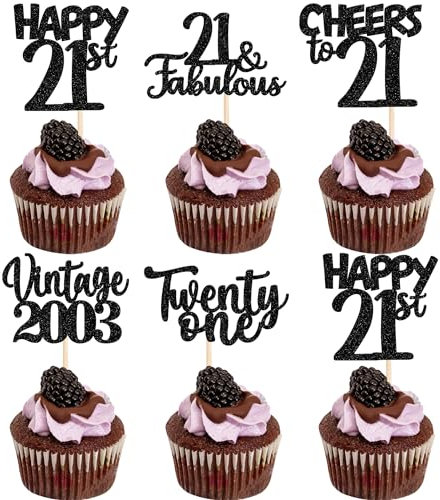 30 Stück Vintage 2004 Cupcake Toppers Glitzer Happy 21st Geburtstag Tortendeko Cheers to 21 Fabulous Twenty One Kuchen Deko für 21st Geburtstag Hochzeit Jahrestag Party Schwarz
