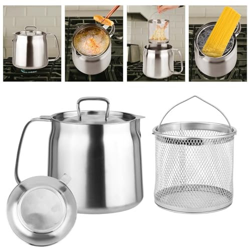 1.5L Pot de Filtre à Huile en Acier Inoxydable, Grande Capacité Polyvalent Récipient de Filtre à Huile avec Couvercle de Passoire et Panier à Friture pour la Cuisine Stockage des Aliments Gras