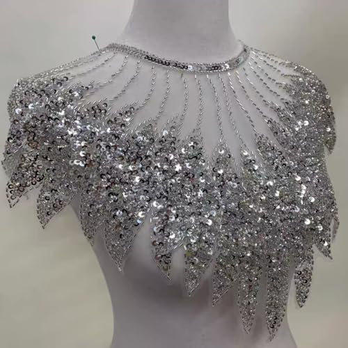 WANYI Spitze Applique Patch Stickerei Spitzenkragen Halskragen Pailletten Spitze Ausschnitt Einsatzkragen Kragen Verzieren für DIY Brautkleid Dekoration Kleidung Zubehör (Silber)