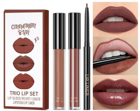 3 Stück Matt Lippenstift Lipgloss Lipliner Langanhaltender Hochpigmentiert Wasserfester Nude Lippenstift 24 Stunden Halt (#03, SET)