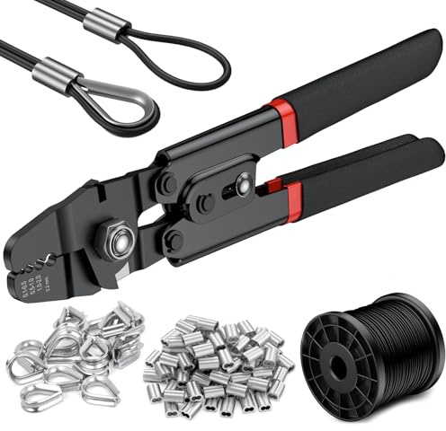 328ft Wire Rope Crimping Tool Kit, Fishing Crimping Tool With Black Vinyl Coated Wire Rope, 7x7 Strand Core(1.5mm), 200Pcs 1/16''Aluminum Crimp Loop Sleeves And 20Pcs Stainless Steel Thimble