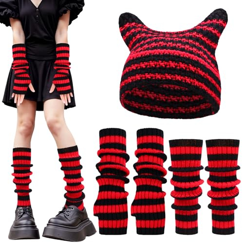ViEinkaufen Y2k Crochet Beanie Hats, Knitting Striped Arm and Leg Warmers Fashionable Y2k Accessories Outdoor Activities for Women Girl(Red+Black)
