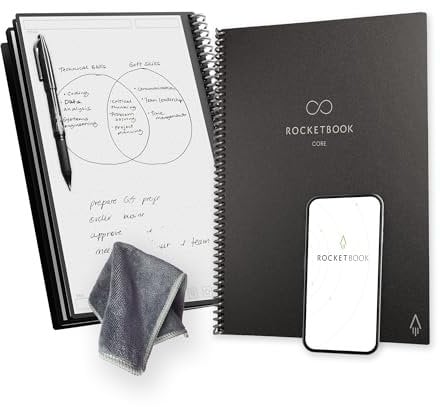 Rocketbook Core Wiederverwendbares Spiralbuch - Letter A4, Schwarz, Punktraster, Inklusive Pilot FriXion Stift und Mikrofasertuch