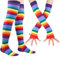 Damen Regenbogensocken – gestreifte Kniestrümpfe Pride Socken fingerlose Handschuhe Zubehör Set bunte Armstulpen Halloween, 2# Set - 2 Stück, Small