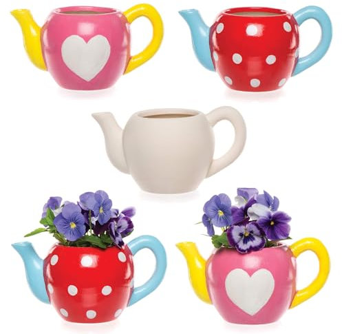 Baker Ross AV983 Teapot Plant Pots - Pack of 2, Ceramics for Kids to Design, Paint, Decorate and for Outdoor STEM Learning,9cm x 16cm