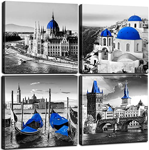 Marineblaue Wandkunst Griechenland Santorini Bilder Leinwanddruck Schwarz und Grau Europäische Stadt Wanddekoration für Wohnzimmer Badezimmer griechische Insel Poster Strand Malerei Kunstwerk Büro