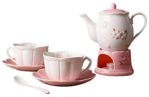 YBK Tech Tee-Set für 2, Knochenporzellan Kaffeekanne, Teekanne und Untertasse, Set mit Stövchen und Tee-Ei, Kirschblüten-Design (Porzellan-Teekanne)