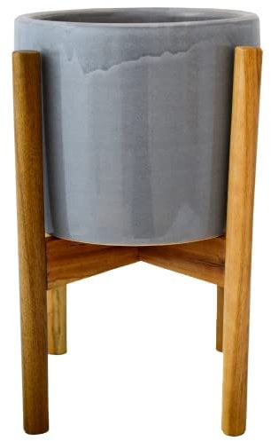 Ivyline Anzio Warm Grey Planter with Wooden Stand - Stylish, Waterproof & Durable - Decorative Glazed Indoor Ceramic Flower Pot - H38.5cm x D24cm