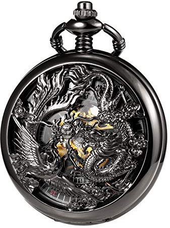 TREEWETO Unisex Retro Taschenuhr Herren mit Kette analog Handaufzug Drache Phönix Skelett Römische Schwarz/Bronze