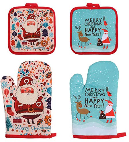 HEMOTON 2 Juegos de Guantes de Horno de Navidad Lindos - Guantes de Horno Resistentes al Calor y agarraderas con Motivos navideños Decoración de Cocina navideña