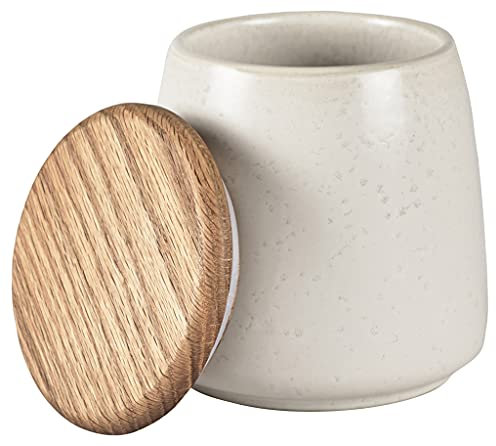 BITZ Vorratsbehälter, Praktische Aufbewahrungsdose aus Steinzeug mit Holzdeckel, Höhe 12 cm, Matt Creme