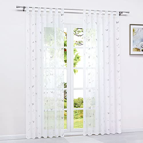 HeichkelL Voile Vorhang mit Schlaufen Transparent Gardine Modern Silberglänzende Schmetterlinge 1 Stück Schlaufenschals Luftige Fensterstores für Wohnzimmer BxH 140x175 cm