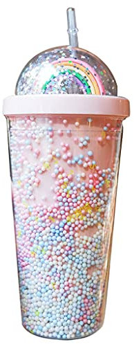 550ml Creative Rainbow Plastic Water Cup Double Layer Shiny Quicksand Sequins Drinking Cup with Straw Lid Coffee Juice Tumblers Travel Mug for Kids
