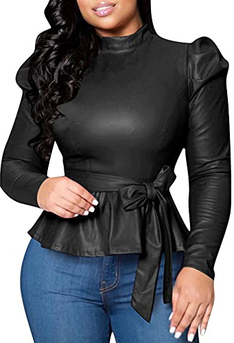 SEMATOMALA Women's Faux Leather Puff Sleeve Self Tie Waist Peplum Top PU Pleather Mock Neck Slim Fit Ruffle Knot Blouse Shirt BL-2XL Black