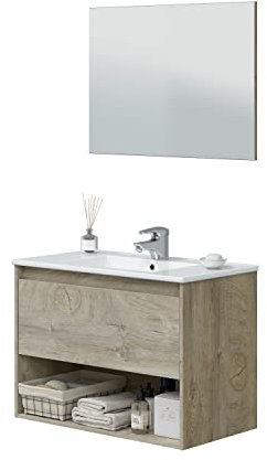 ARKITMOBEL Mueble de Baño Suspendido con 1 Cajon, 1 Hueco y Espejo, Modulo Colgante, Modelo Cotton, Acabado en Roble Alaska, Medidas: 80 cm (Ancho) x 59 cm (Alto) x 45 cm (Fondo)