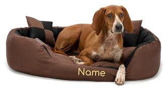 lionto Hundebett 4-in-1 mit Wendekissen aus robustem Oxford, 85x70 cm, Heimtierkissen Kratzfest mit tiefem Einstieg für Katzen und Hunde Aller Größen, wasserabweisend, schwarz/braun (Namensaufdruck)