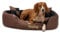 lionto Hundebett 4-in-1 mit Wendekissen aus robustem Oxford, 85x70 cm, Heimtierkissen Kratzfest mit tiefem Einstieg für Katzen und Hunde Aller Größen, wasserabweisend, schwarz/braun (Namensaufdruck)