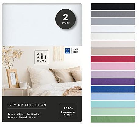 VelvetHome Doppelpack Spannbettlaken 90x200cm 100% gekämmte Baumwolle Made in EU Jersey Bettlaken 90x200 bis 25 cm Matratzenhöhe Spannbetttuch 90x200 Premium Qualität Schönen Farben Weiß 90 x 200