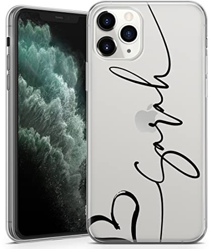 Personalised Phone Case for iPhone 12 Mini - Clear Soft Gel TPU Custom Made Cover Hearts Design Individual Style Initials Text - Black Vertical Name