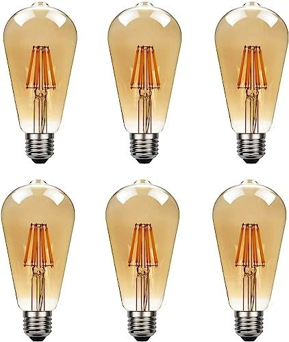 Pack 6 | Vintage LED Edison E27 Light Bulb, 8W (Equivalent 60W) ST64 Dimmable LED 2700K Warm White Amber Glass Screw 806 Lumens| Energy Saving LED Bulb for Squirrel Cage Lamp 220V