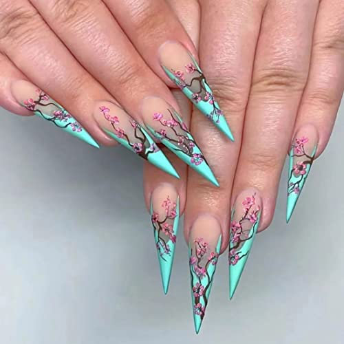 JUSTUSNX 24pcs Long Stiletto French Fake Nails Blue False Nails Plum blossom Long Style Press on Nails for Women and Girls